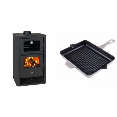 Set Kaminofen, Holzofen mit Backfach Prity, Modell FG D, Leistung 14.2kW + Emaillierte grillpfanne Gusseisen Solagio, Ivory, 26x32cm - Kaminofen - Holzofen mit Backfach