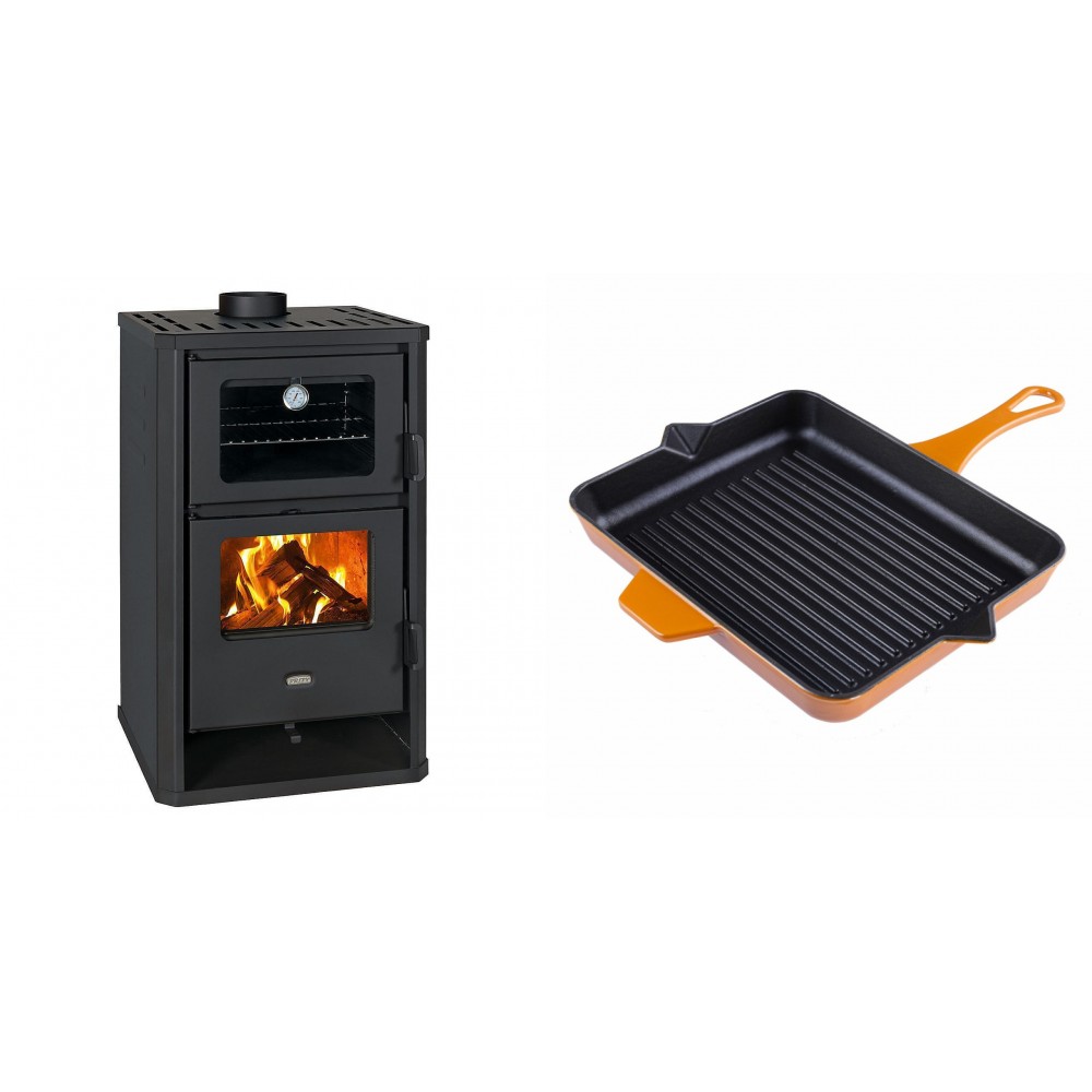 Set Kaminofen, Holzofen mit Backfach Prity, Modell FG D, Leistung 14.2kW + Emaillierte grillpfanne Gusseisen Solagio, Dijon, 26x32cm