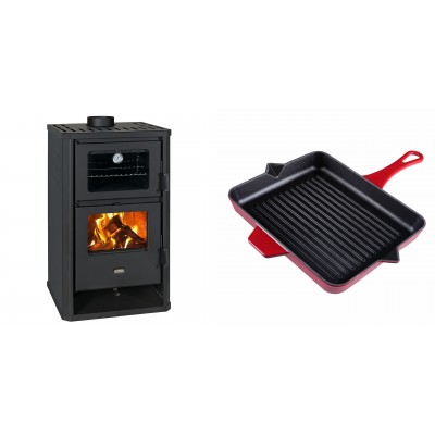 Set Kaminofen, Holzofen mit Backfach Prity, Modell FG D, Leistung 14.2kW + Emaillierte grillpfanne Gusseisen Solagio, Rubin, 26x32cm - Kaminofen - Holzofen mit Backfach