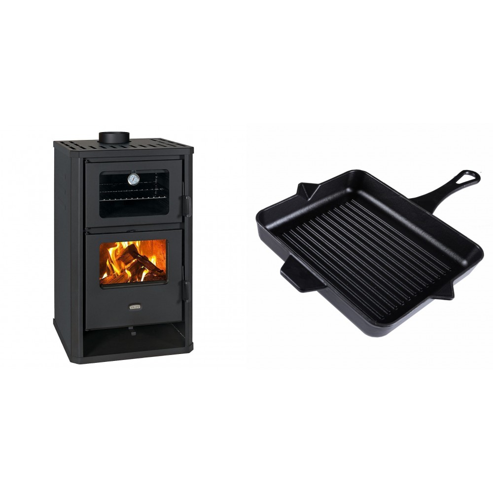 Set Kaminofen, Holzofen mit Backfach Prity, Modell FG D, Leistung 14.2kW + Emaillierte grillpfanne Gusseisen Solagio, Black Onyx, 26x32cm