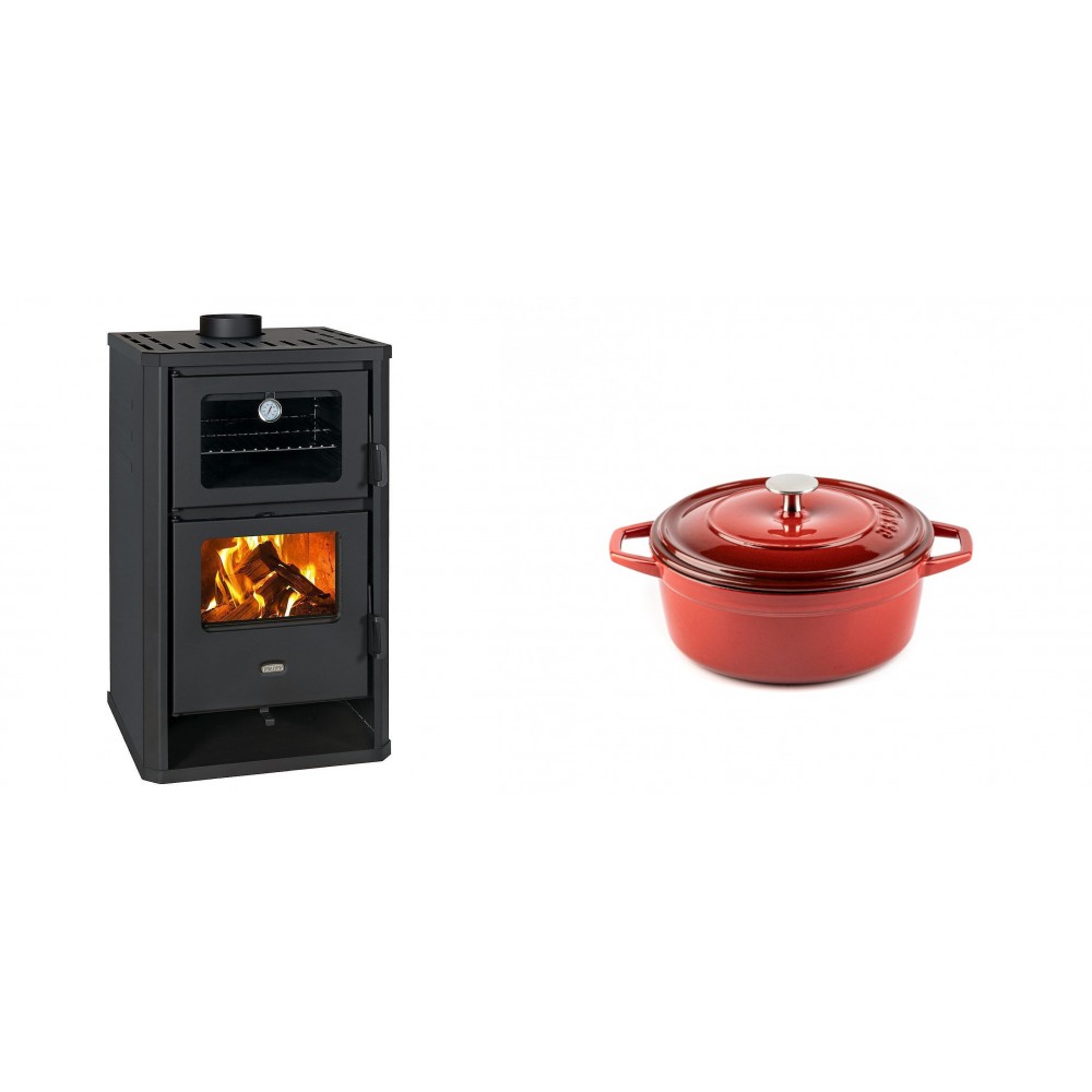 Set Kaminofen, Holzofen mit Backfach Prity, Modell FG D, Leistung 14.2kW + Gusseisen Topf Tiefer Solagio, Rubin, Ф12