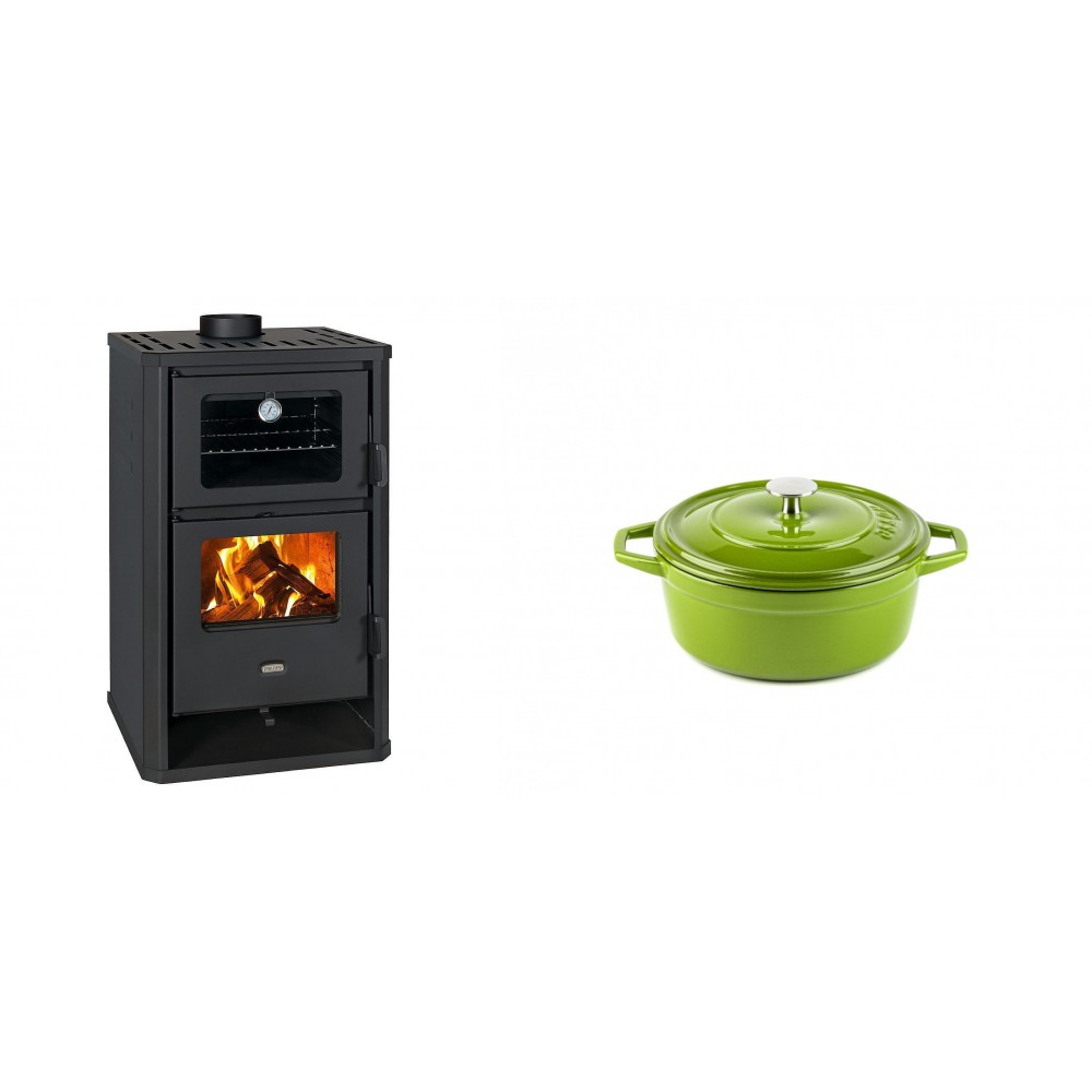 Set Kaminofen, Holzofen mit Backfach Prity, Modell FG D, Leistung 14.2kW + Gusseisen Topf Tiefer Solagio, Bamboo, Ф12