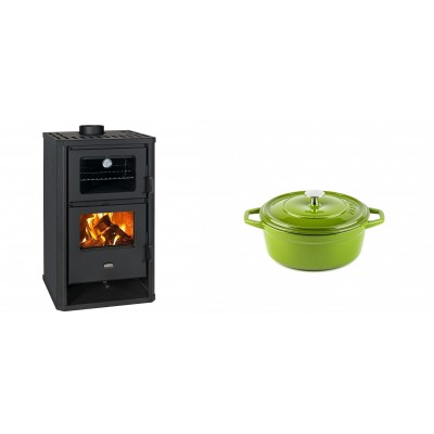 Set Kaminofen, Holzofen mit Backfach Prity, Modell FG D, Leistung 14.2kW + Gusseisen Topf Tiefer Solagio, Bamboo, Ф12 - Kaminofen - Holzofen mit Backfach