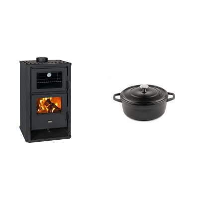 Set Kaminofen, Holzofen mit Backfach Prity, Modell FG D, Leistung 14.2kW + Gusseisen Topf Tiefer Solagio, Black Onyx, Ф12 - Kaminofen - Holzofen mit Backfach