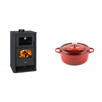 Set Kaminofen, Holzofen mit Backfach Prity, Modell FG D, Leistung 14.2kW + Gusseisen Topf Tiefer Solagio, Rubin, Ф20 - Kaminofen - Holzofen mit Backfach
