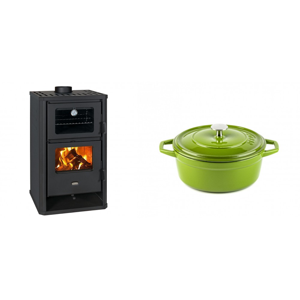 Set Kaminofen, Holzofen mit Backfach Prity, Modell FG D, Leistung 14.2kW + Gusseisen Topf Tiefer Solagio, Bamboo, Ф20