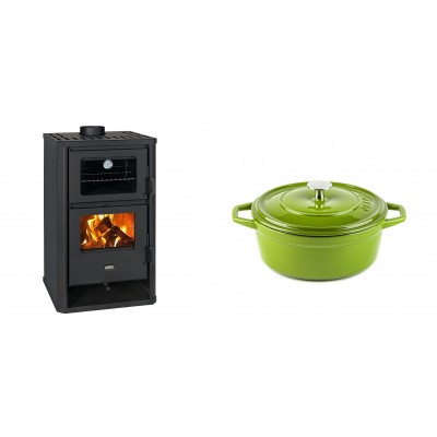 Set Kaminofen, Holzofen mit Backfach Prity, Modell FG D, Leistung 14.2kW + Gusseisen Topf Tiefer Solagio, Bamboo, Ф20 - Kaminofen - Holzofen mit Backfach