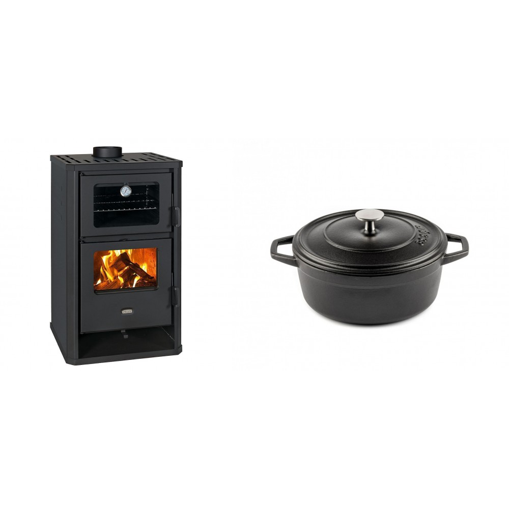 Set Kaminofen, Holzofen mit Backfach Prity, Modell FG D, Leistung 14.2kW + Gusseisen Topf Tiefer Solagio, Black Onyx, Ф20 | Holzofen | Kaminofen |
