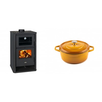 Set Kaminofen, Holzofen mit Backfach Prity, Modell FG D, Leistung 14.2kW + Gusseisen Topf Tiefer Solagio, Dijon, Ф20 - Kaminofen - Holzofen mit Backfach
