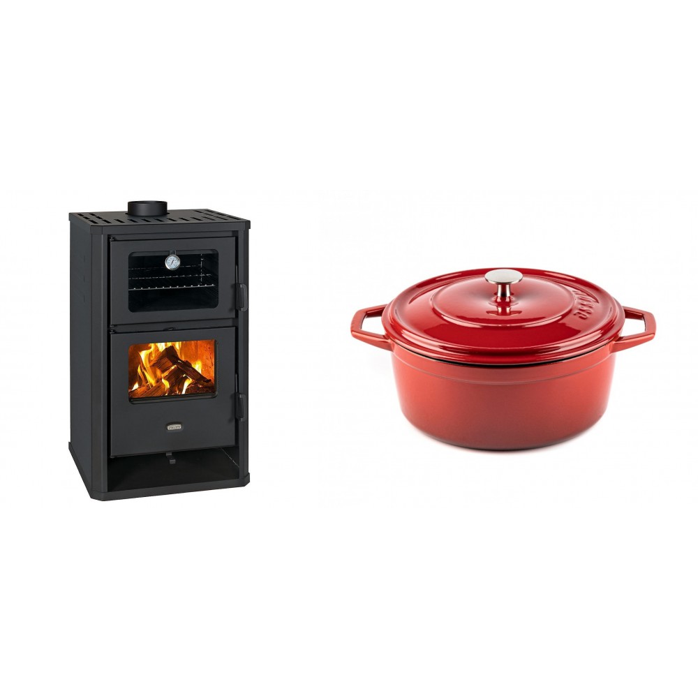 Set Kaminofen, Holzofen mit Backfach Prity, Modell FG D, Leistung 14.2kW + Gusseisen Topf Tiefer Solagio, Rubin, Ф24