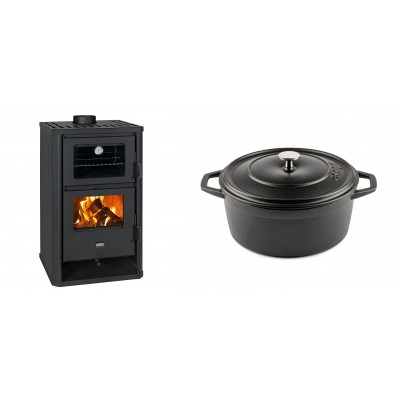 Set Kaminofen, Holzofen mit Backfach Prity, Modell FG D, Leistung 14.2kW + Gusseisen Topf Tiefer Solagio, Black Onyx, Ф24 - Kaminofen - Holzofen mit Backfach