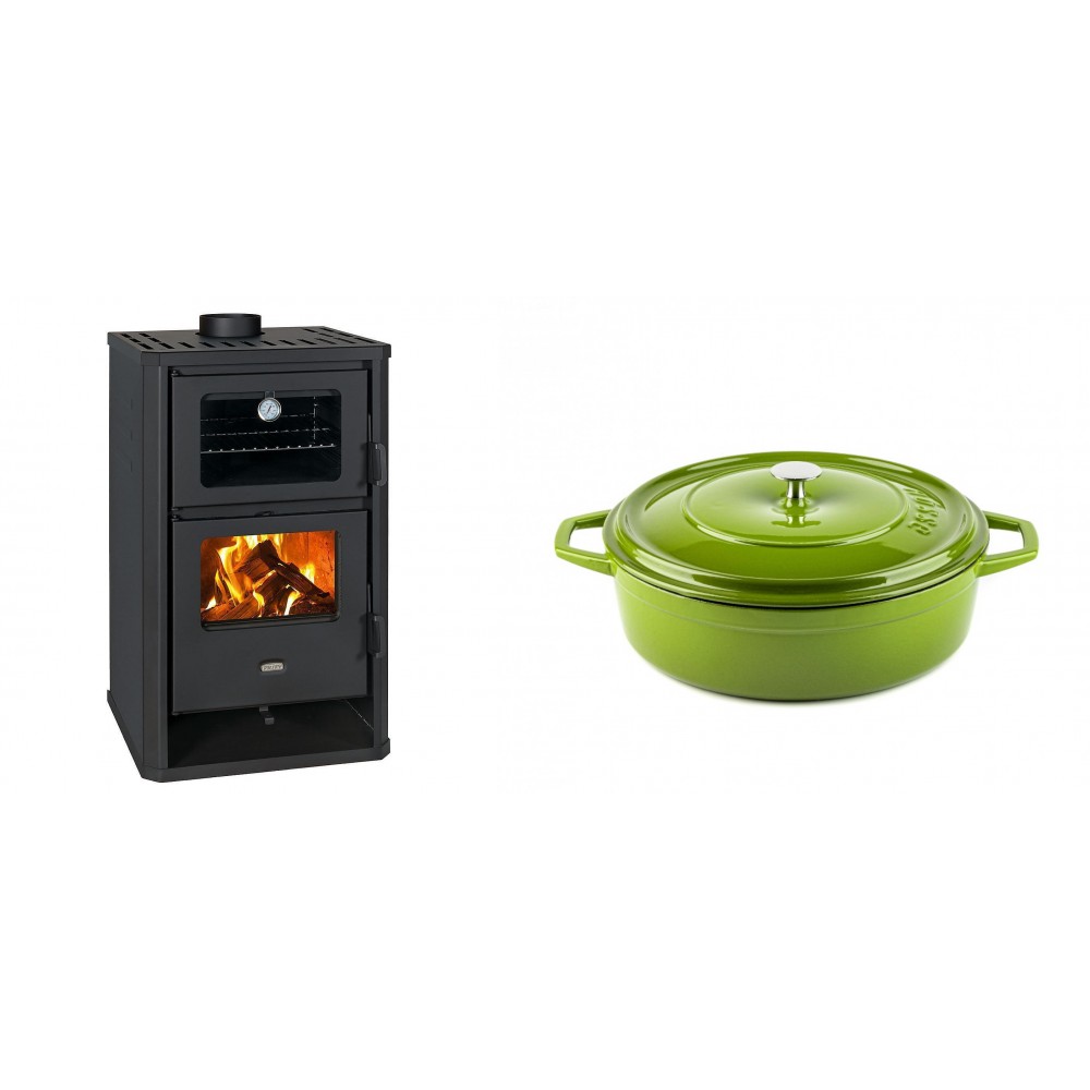 Set Kaminofen, Holzofen mit Backfach Prity, Modell FG D, Leistung 14.2kW + Gusseisen Topf Flach Solagio, Bamboo, Ф26 | Holzofen | Kaminofen |