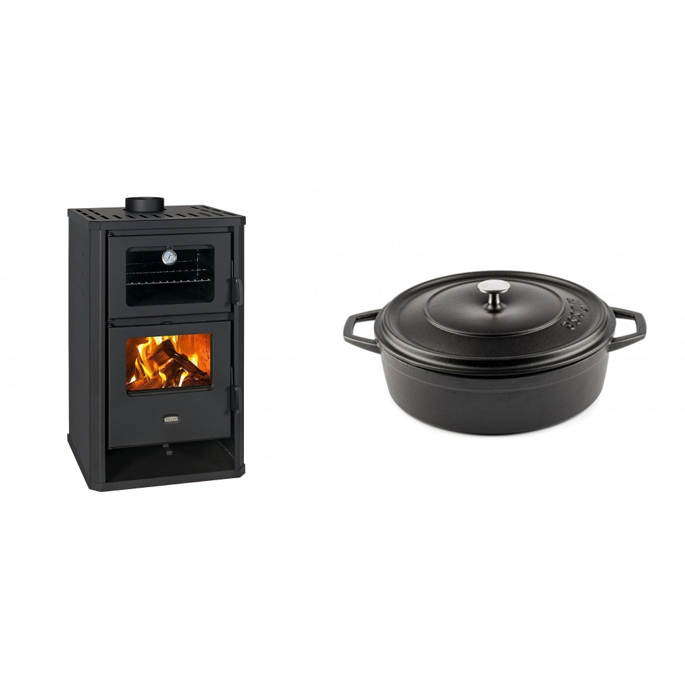 Set Kaminofen, Holzofen mit Backfach Prity, Modell FG D, Leistung 14.2kW + Gusseisen Topf Flach Solagio, Black Onyx, Ф26 | Holzofen | Kaminofen |