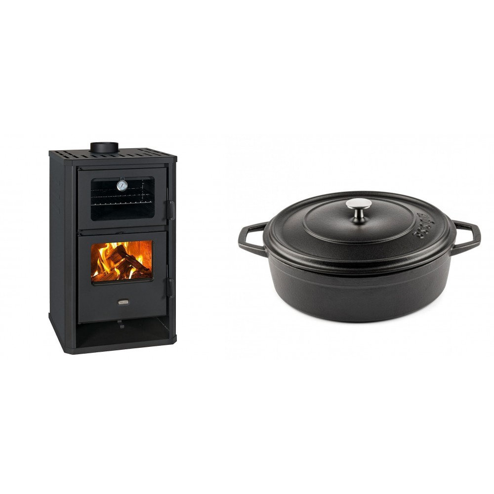 Set Kaminofen, Holzofen mit Backfach Prity, Modell FG D, Leistung 14.2kW + Gusseisen Topf Flach Solagio, Black Onyx, Ф28
