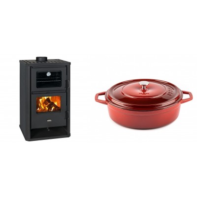 Set Kaminofen, Holzofen mit Backfach Prity, Modell FG D, Leistung 14.2kW + Gusseisen Topf Flach Solagio, Rubin, Ф28 - Kaminofen - Holzofen mit Backfach