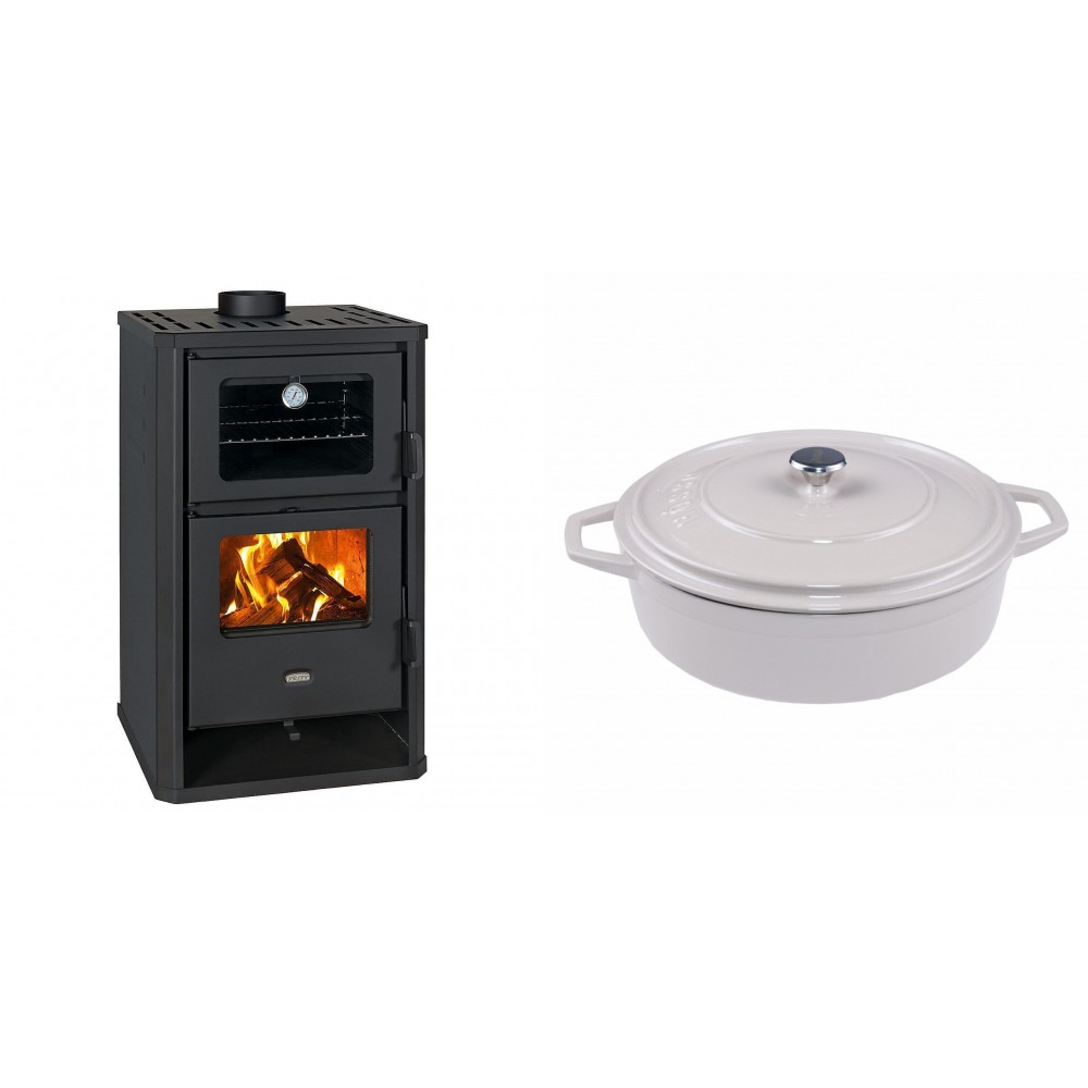 Set Kaminofen, Holzofen mit Backfach Prity, Modell FG D, Leistung 14.2kW + Gusseisen Topf Flach Solagio, Ivory, Ф28