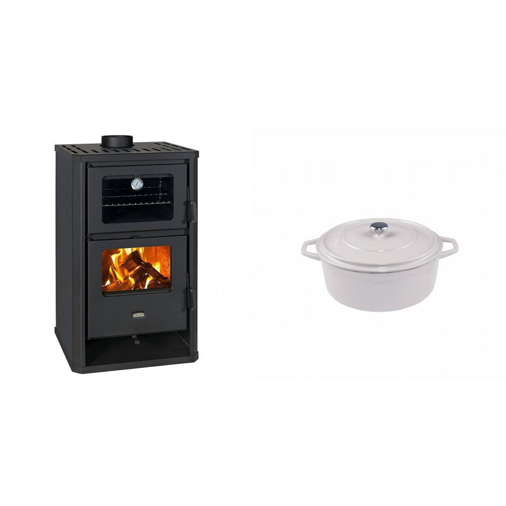 Set Kaminofen, Holzofen mit Backfach Prity, Modell FG D, Leistung 14.2kW + Gusseisen Topf Tiefer Solagio, Ivory, Ф12 | Holzofen | Kaminofen |