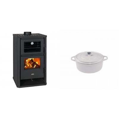 Set Kaminofen, Holzofen mit Backfach Prity, Modell FG D, Leistung 14.2kW + Gusseisen Topf Tiefer Solagio, Ivory, Ф12 - Kaminofen - Holzofen mit Backfach