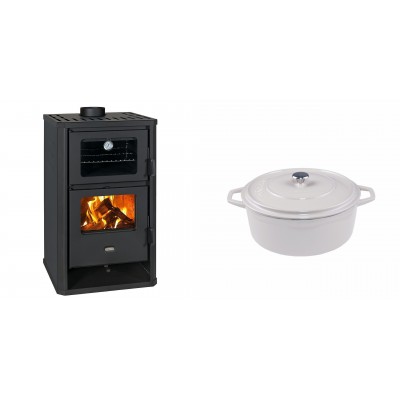 Set Kaminofen, Holzofen mit Backfach Prity, Modell FG D, Leistung 14.2kW + Gusseisen Topf Tiefer Solagio, Ivory, Ф20 - Kaminofen - Holzofen mit Backfach