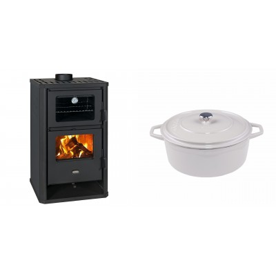 Set Kaminofen, Holzofen mit Backfach Prity, Modell FG D, Leistung 14.2kW + Gusseisen Topf Tiefer Solagio, Ivory, Ф24 - Kaminofen - Holzofen mit Backfach