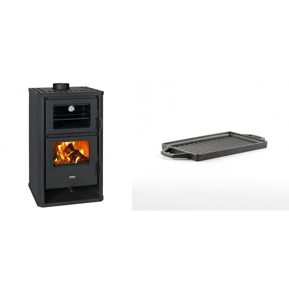 Set Kaminofen, Holzofen mit Backfach Prity, Modell FG D, Leistung 14.2kW + Mini-Grillplatte aus Gusseisen Solagio, 15.5x22.5cm