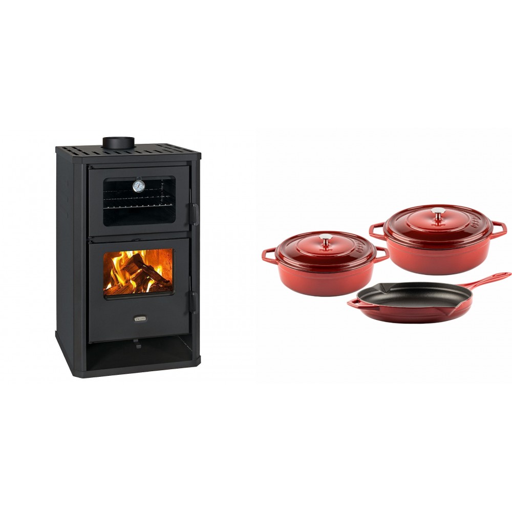 Set Kaminofen, Holzofen mit Backfach Prity, Modell FG D, Leistung 14.2kW + Gusseisen Topf Set aus 3 teilen Solagio, Rubin | Holzofen | Kaminofen |