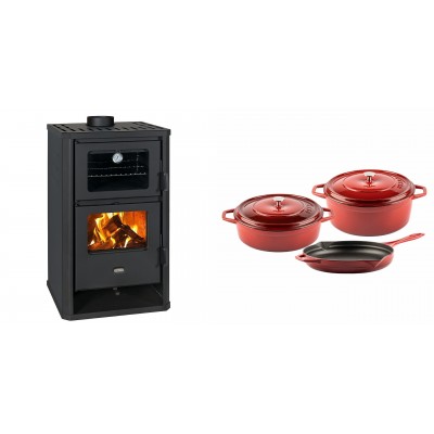 Set Kaminofen, Holzofen mit Backfach Prity, Modell FG D, Leistung 14.2kW + Gusseisen Topf Set aus 3 teilen Solagio, Rubin - Kaminofen - Holzofen mit Backfach
