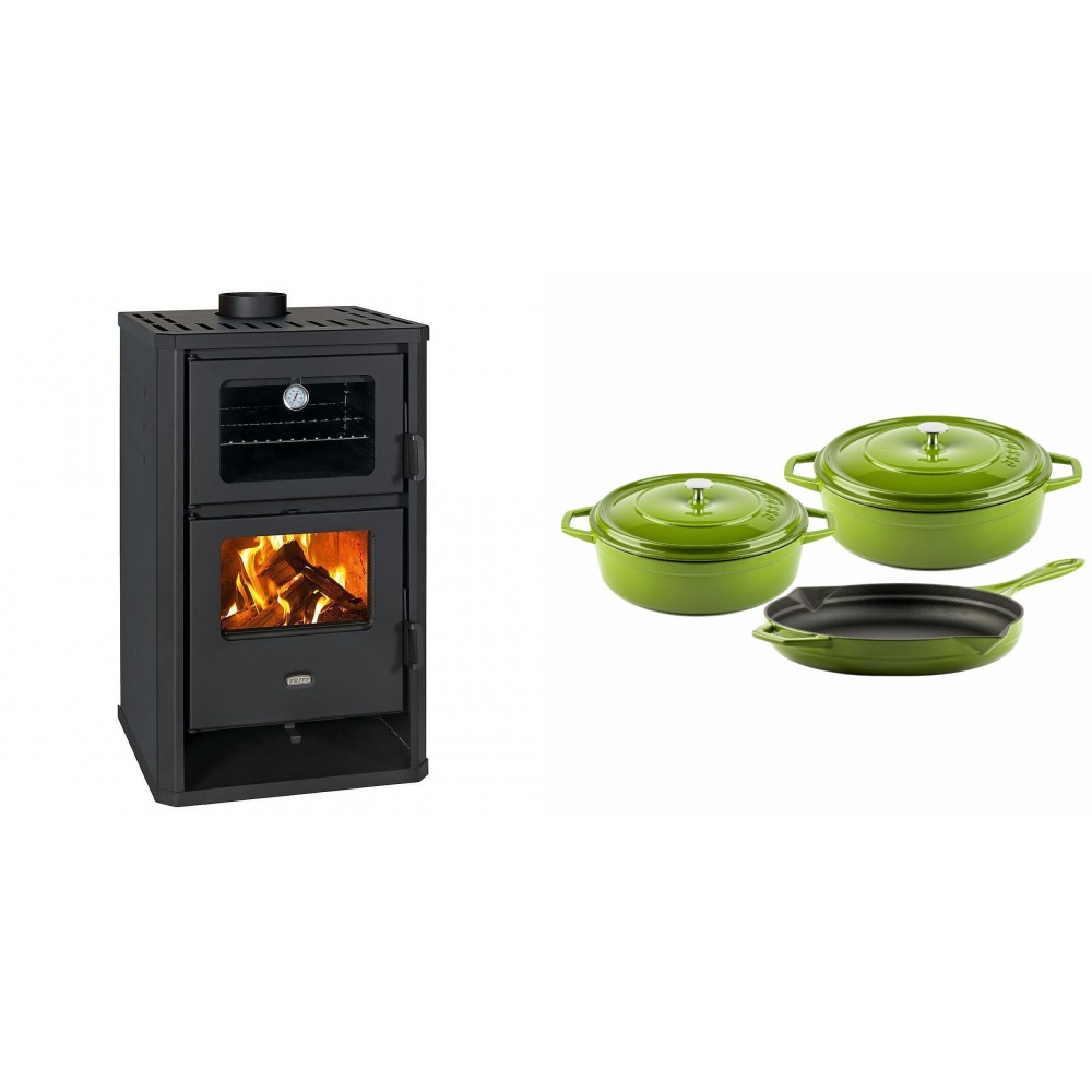 Set Kaminofen, Holzofen mit Backfach Prity, Modell FG D, Leistung 14.2kW + Gusseisen Topf Set aus 3 teilen Solagio, Bamboo