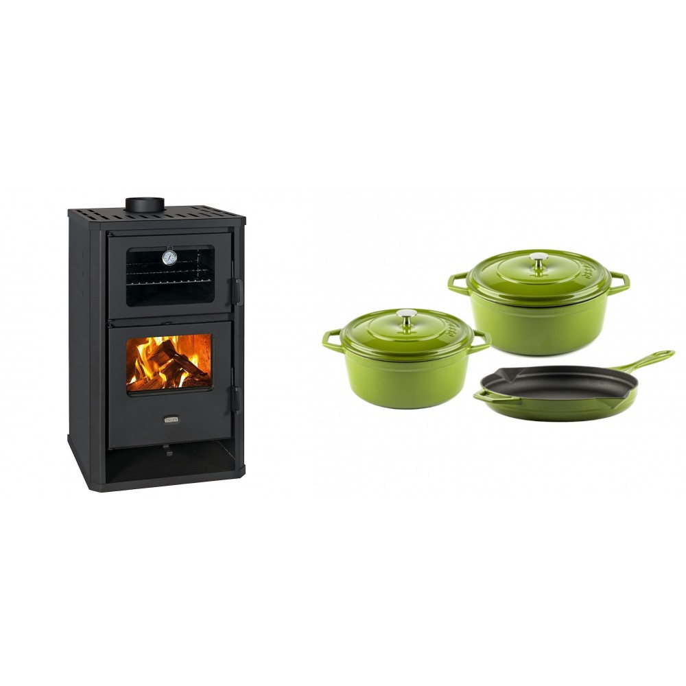 Set Kaminofen, Holzofen mit Backfach Prity, Modell FG D, Leistung 14.2kW + Gusseisen Topf Set aus 3 teilen Solagio, Bamboo | Holzofen | Kaminofen |