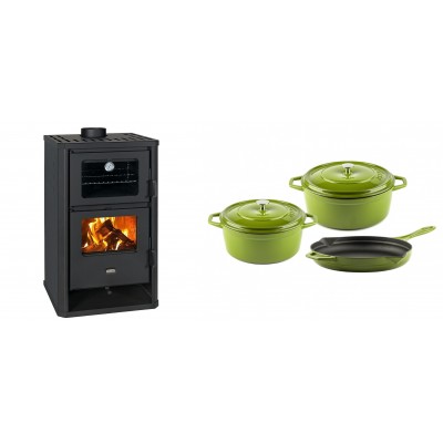 Set Kaminofen, Holzofen mit Backfach Prity, Modell FG D, Leistung 14.2kW + Gusseisen Topf Set aus 3 teilen Solagio, Bamboo - Kaminofen - Holzofen mit Backfach