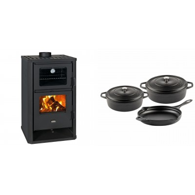 Set Kaminofen, Holzofen mit Backfach Prity, Modell FG D, Leistung 14.2kW + Gusseisen Topf Set aus 3 teilen Solagio, Black Onyx - Kaminofen - Holzofen mit Backfach