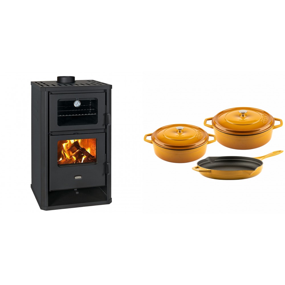 Set Kaminofen, Holzofen mit Backfach Prity, Modell FG D, Leistung 14.2kW + Gusseisen Topf Set aus 3 teilen Solagio, Dijon
