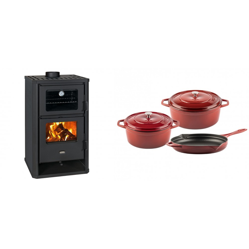 Set Kaminofen, Holzofen mit Backfach Prity, Modell FG D, Leistung 14.2kW + Gusseisen Topf Set aus 3 teilen Solagio, Rubin