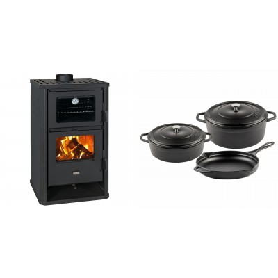 Set Kaminofen, Holzofen mit Backfach Prity, Modell FG D, Leistung 14.2kW + Gusseisen Topf Set aus 3 teilen Solagio, Black Onyx - Kaminofen - Holzofen mit Backfach