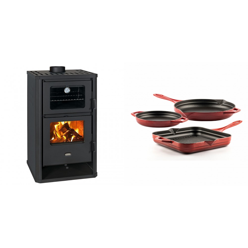 Set Kaminofen, Holzofen mit Backfach Prity, Modell FG D, Leistung 14.2kW + Gusseisen Topf Set aus 3 teilen Solagio, Rubin