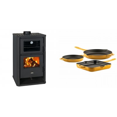 Set Kaminofen, Holzofen mit Backfach Prity, Modell FG D, Leistung 14.2kW + Gusseisen Topf Set aus 3 teilen Solagio, Dijon - Kaminofen - Holzofen mit Backfach