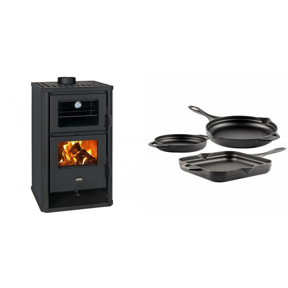 Set Kaminofen, Holzofen mit Backfach Prity, Modell FG D, Leistung 14.2kW + Gusseisen Topf Set aus 3 teilen Solagio, Black Onyx