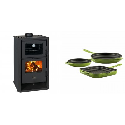 Set Kaminofen, Holzofen mit Backfach Prity, Modell FG D, Leistung 14.2kW + Gusseisen Topf Set aus 3 teilen Solagio, Bamboo - Kaminofen - Holzofen mit Backfach