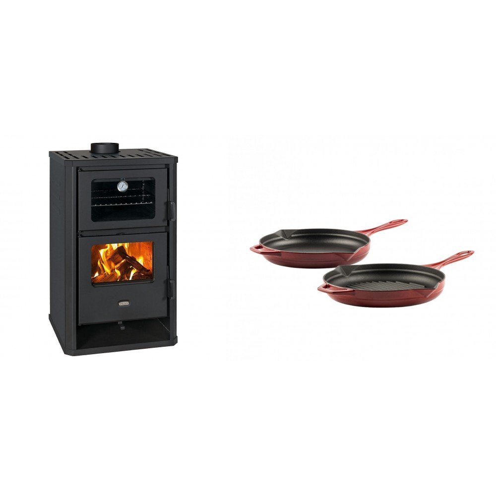 Set Kaminofen, Holzofen mit Backfach Prity, Modell FG D, Leistung 14.2kW + Gusseisen Topf Set aus 2 teilen Solagio, Rubin | Holzofen | Kaminofen |