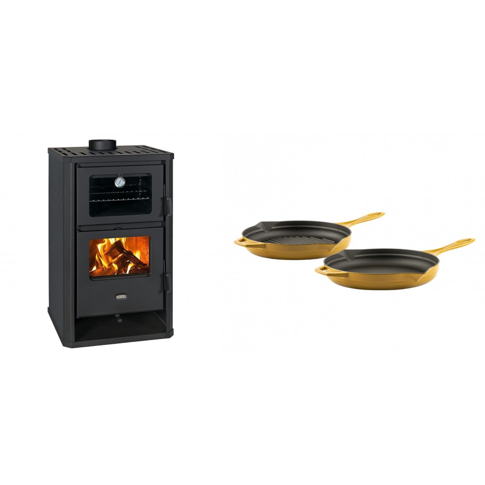 Set Kaminofen, Holzofen mit Backfach Prity, Modell FG D, Leistung 14.2kW + Gusseisen Topf Set aus 2 teilen Solagio, Dijon
