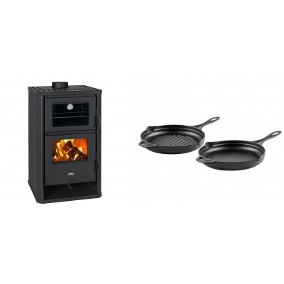 Set Kaminofen, Holzofen mit Backfach Prity, Modell FG D, Leistung 14.2kW + Gusseisen Topf Set aus 2 teilen Solagio, Black Onyx - Kaminofen - Holzofen mit Backfach