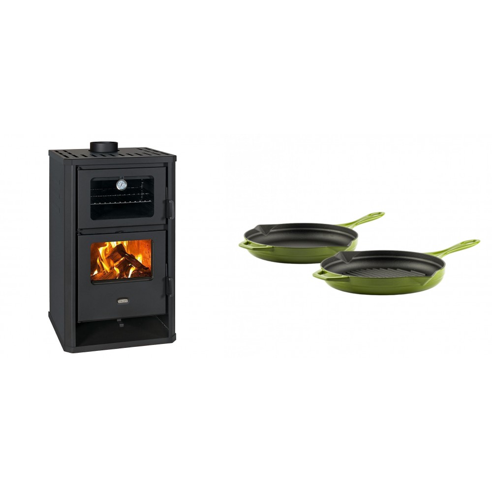 Set Kaminofen, Holzofen mit Backfach Prity, Modell FG D, Leistung 14.2kW + Gusseisen Topf Set aus 2 teilen Solagio, Bamboo