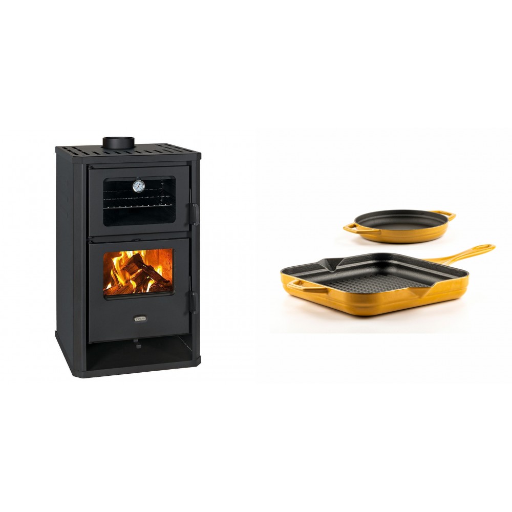 Set Kaminofen, Holzofen mit Backfach Prity, Modell FG D, Leistung 14.2kW + Gusseisen Topf Set aus 2 teilen Solagio, Dijon