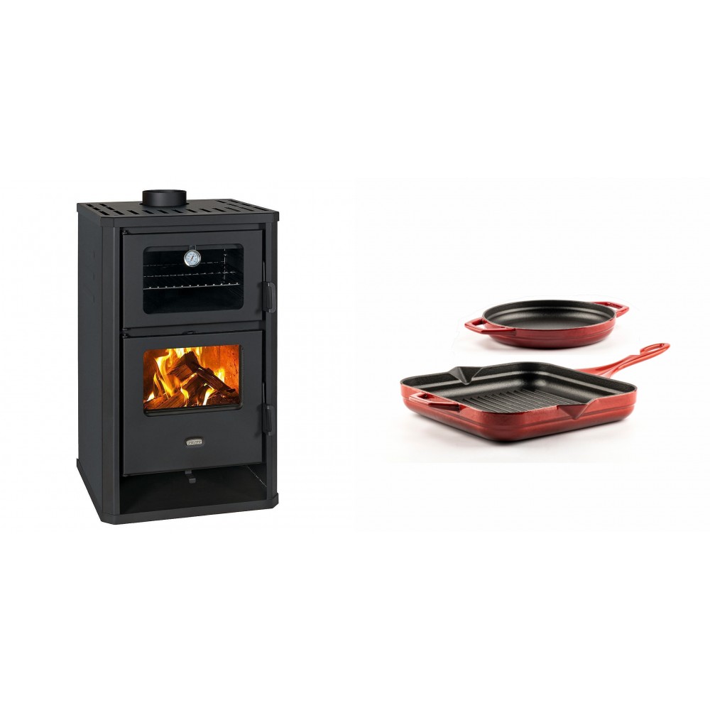 Set Kaminofen, Holzofen mit Backfach Prity, Modell FG D, Leistung 14.2kW + Gusseisen Topf Set aus 2 teilen Solagio, Rubin