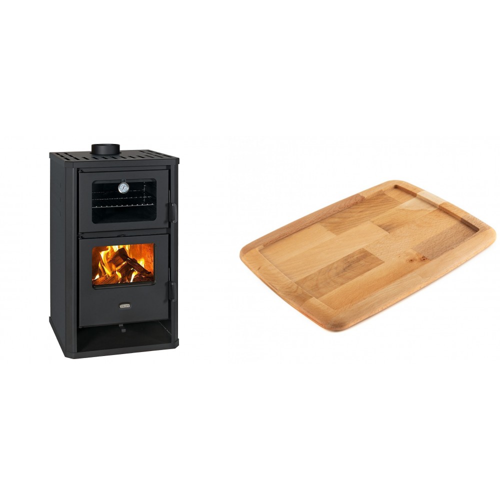Set Kaminofen, Holzofen mit Backfach Prity, Modell FG D, Leistung 14.2kW + Holz untersetzer für gusseisenplatte Solagio HSST2131
