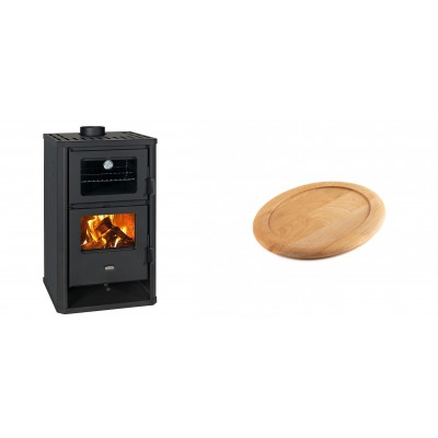 Set Kaminofen, Holzofen mit Backfach Prity, Modell FG D, Leistung 14.2kW + Holz untersetzer für ovale gusseisenpfanne Solagio HSFT1825 - Kaminofen - Holzofen mit Backfach