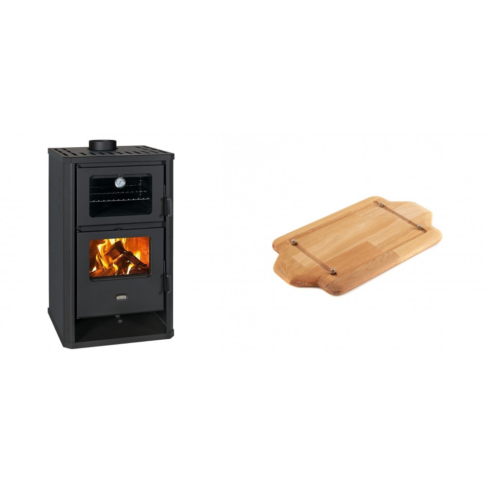 Set Kaminofen, Holzofen mit Backfach Prity, Modell FG D, Leistung 14.2kW + Holz untersetzer für mini-gusseisenplatte Solagio HSDDHP1522