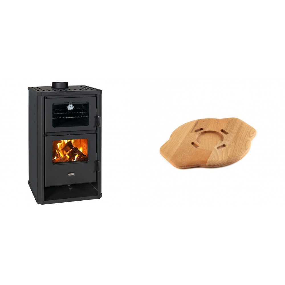 Set Kaminofen, Holzofen mit Backfach Prity, Modell FG D, Leistung 14.2kW + Holz untersetzer für gusseisenplatte Solagio HSYSAK20