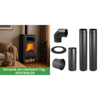 Set Kaminofen, Holzofen mit Backfach Balkan Energy, Modell Troy, Leistung 7.8kW + Schornstein Bausatz PARKANEX, Stahl Ø150, Dicke 2mm - Kaminofen - Holzofen mit Backfach