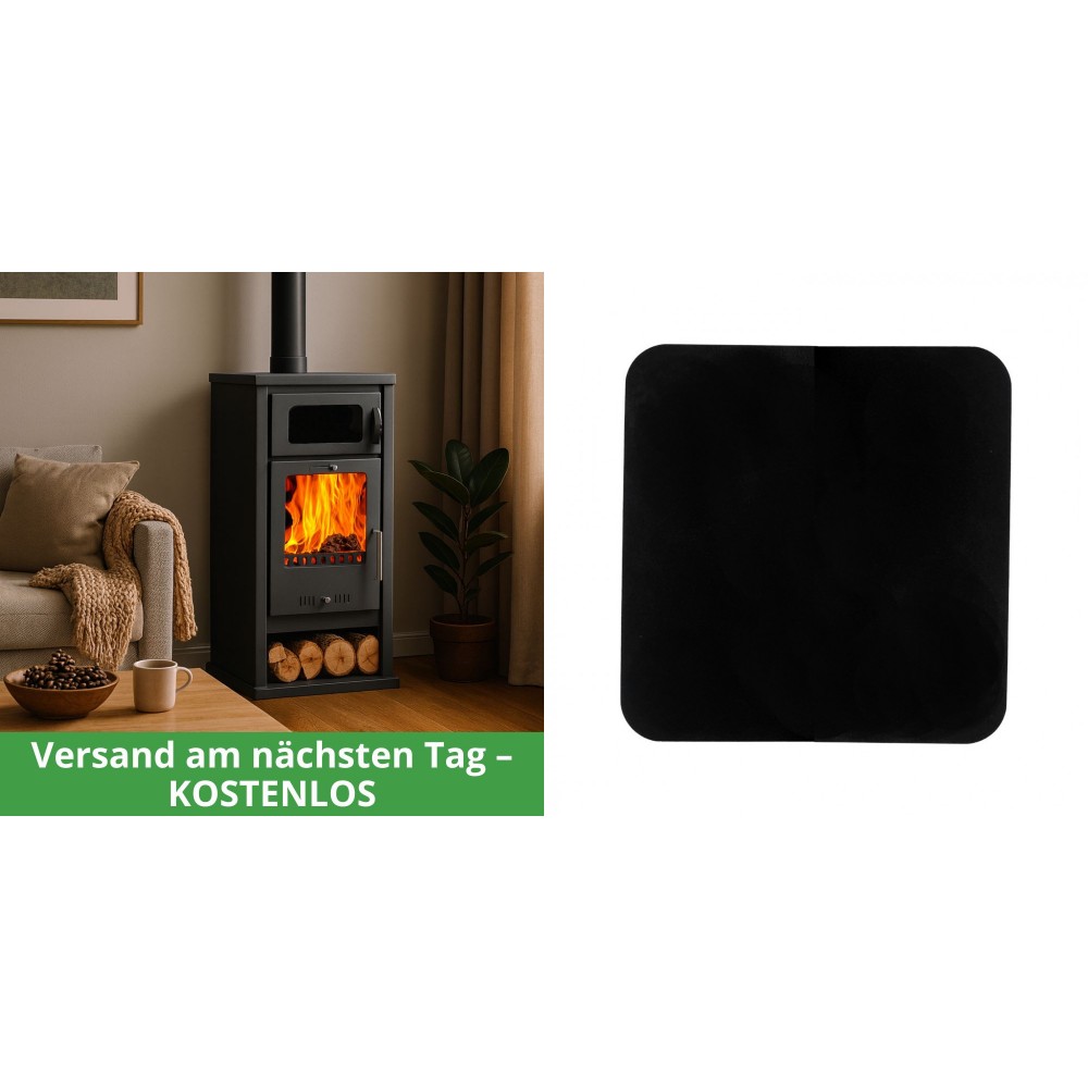 Set Kaminofen, Holzofen mit Backfach Balkan Energy, Modell Troy, Leistung 7.8kW + Funkenschutzplatte Stahl 2mm, Größe 98x98cm